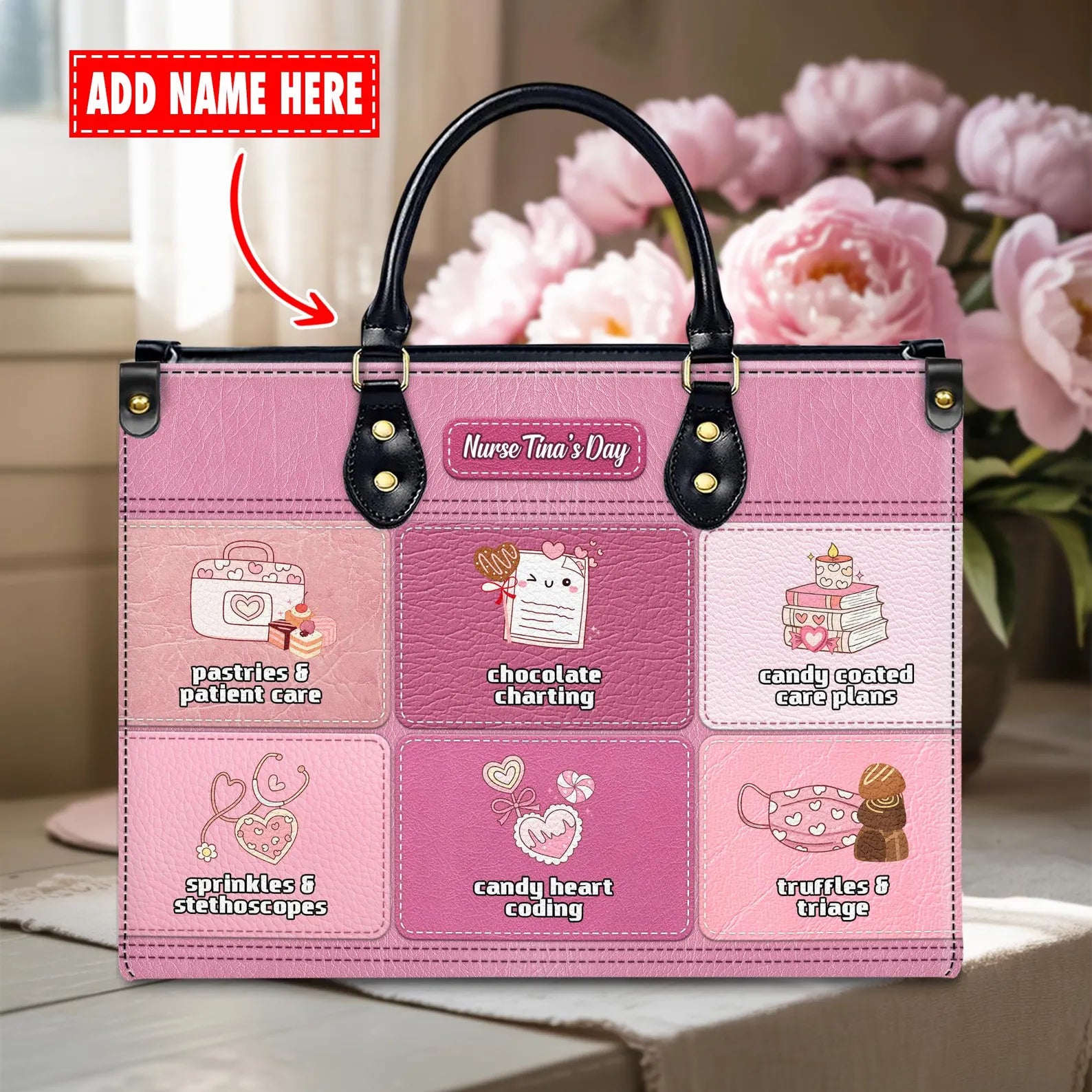 Personalized Sweet Nurse Leather Handbag – Custom Name, Cute Candy Nurse Icons & Quotes – Nurse Appreciation Gift for RN LPN CNA