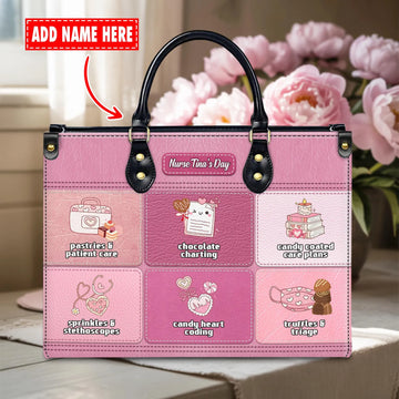 Personalized Sweet Nurse Leather Handbag – Custom Name, Cute Candy Nurse Icons & Quotes – Nurse Appreciation Gift for RN LPN CNA