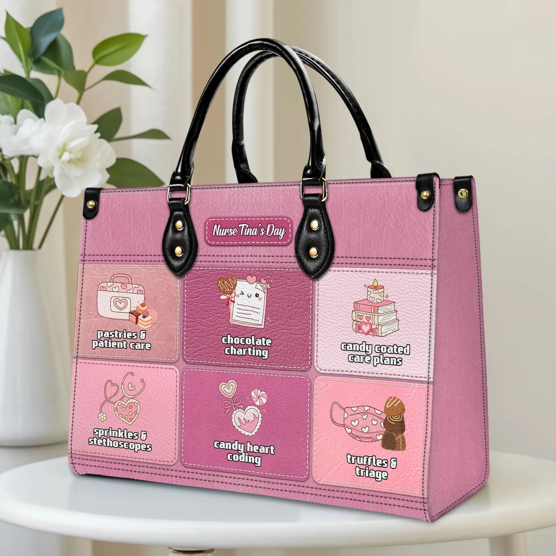 Personalized Sweet Nurse Leather Handbag – Custom Name, Cute Candy Nurse Icons & Quotes – Nurse Appreciation Gift for RN LPN CNA