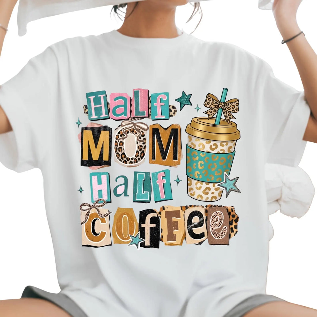 Half Mom Half Coffee Tee, Funny Graphic Design, Comfort Colors Outfit, Caffeine Lover Gift