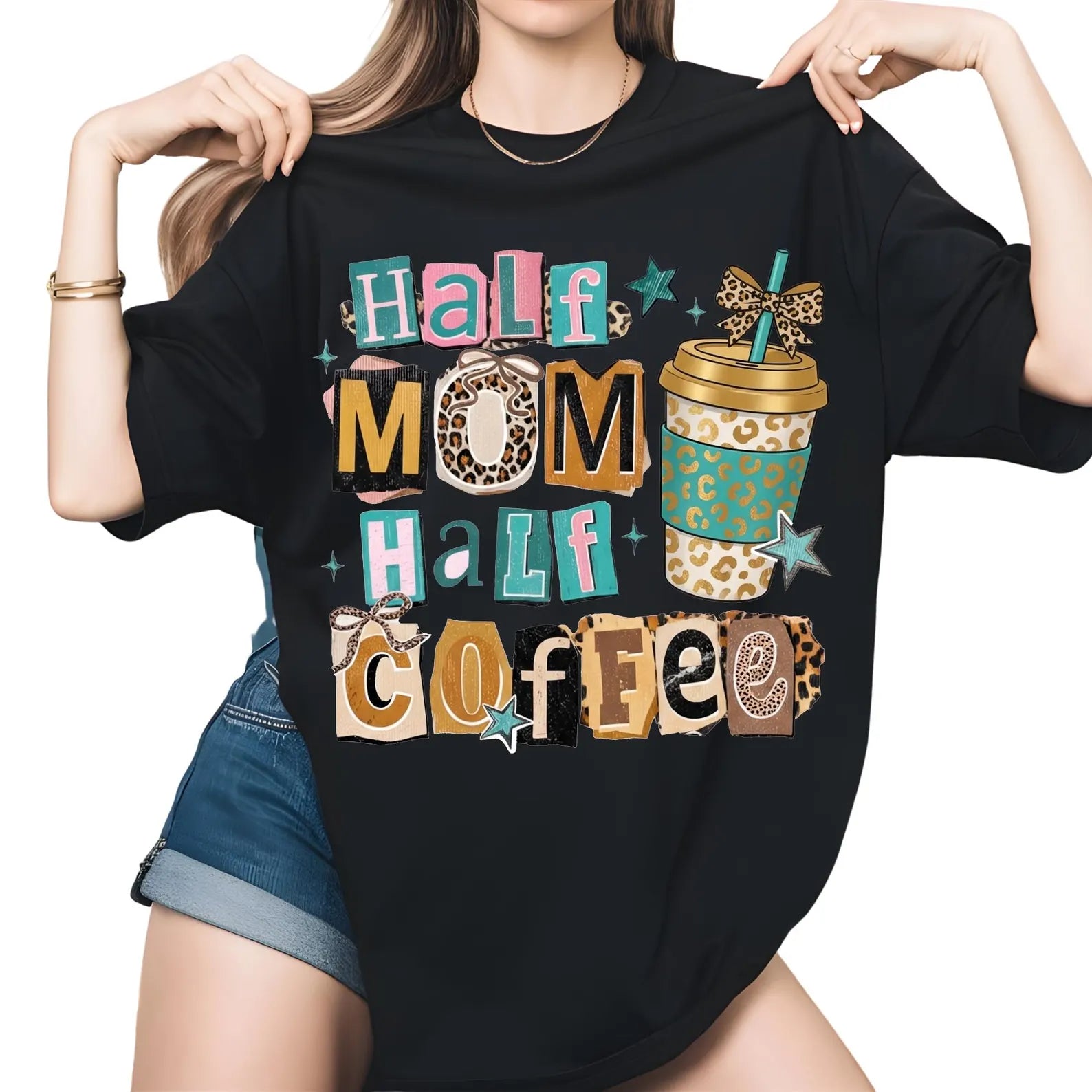 Half Mom Half Coffee Tee, Funny Graphic Design, Comfort Colors Outfit, Caffeine Lover Gift