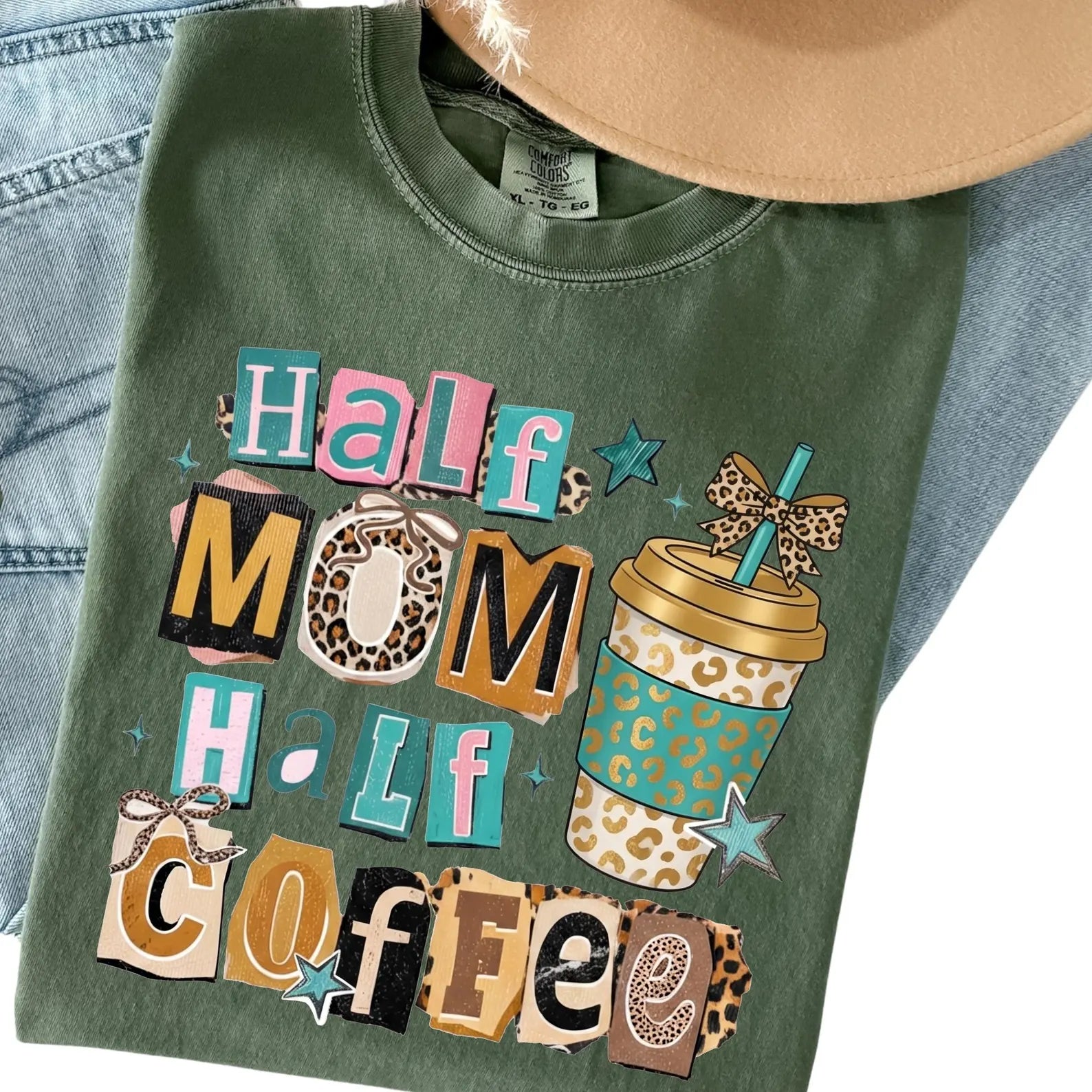 Half Mom Half Coffee Tee, Funny Graphic Design, Comfort Colors Outfit, Caffeine Lover Gift