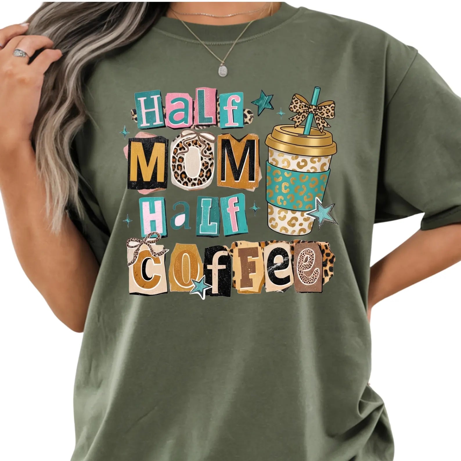 Half Mom Half Coffee Tee, Funny Graphic Design, Comfort Colors Outfit, Caffeine Lover Gift