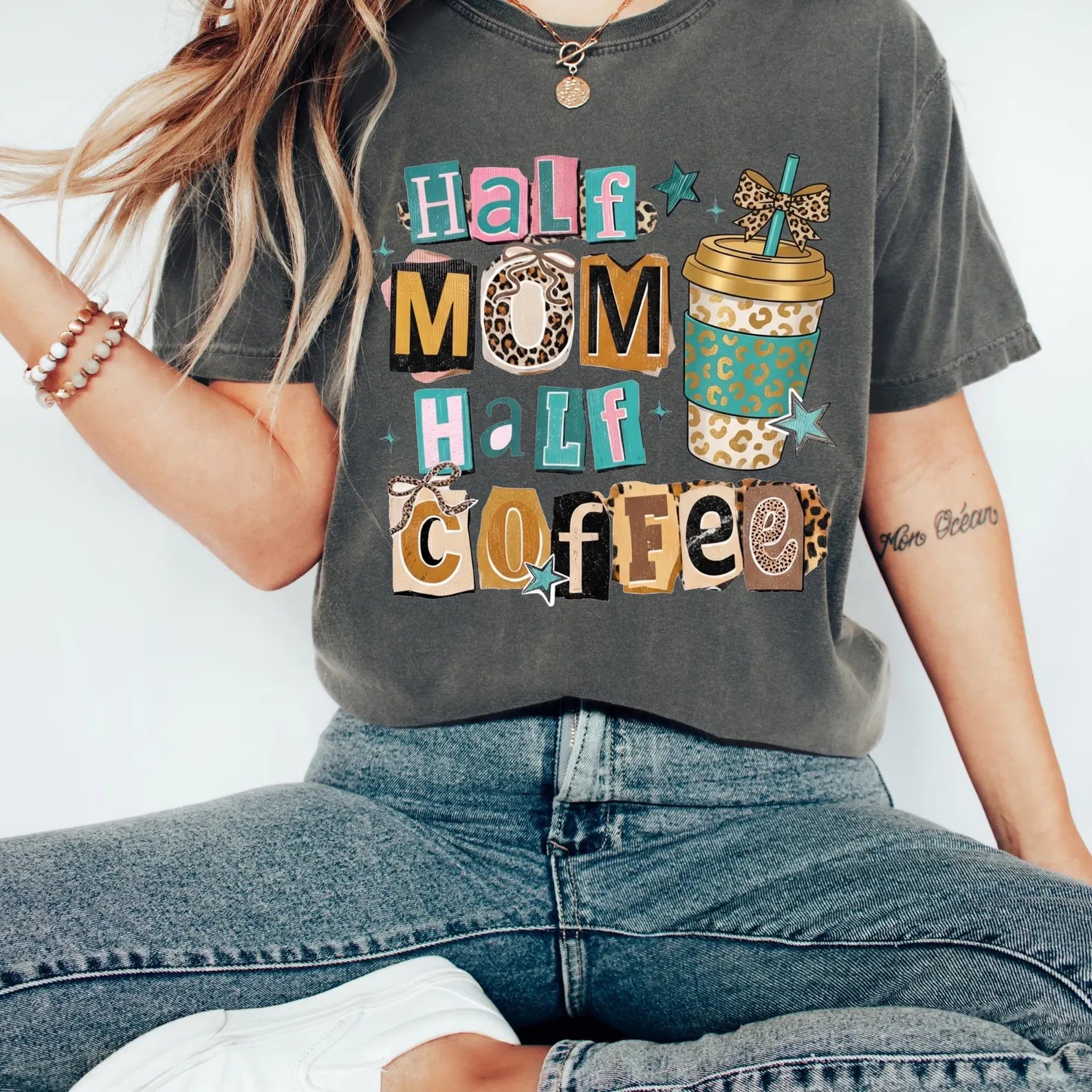 Half Mom Half Coffee Tee, Funny Graphic Design, Comfort Colors Outfit, Caffeine Lover Gift