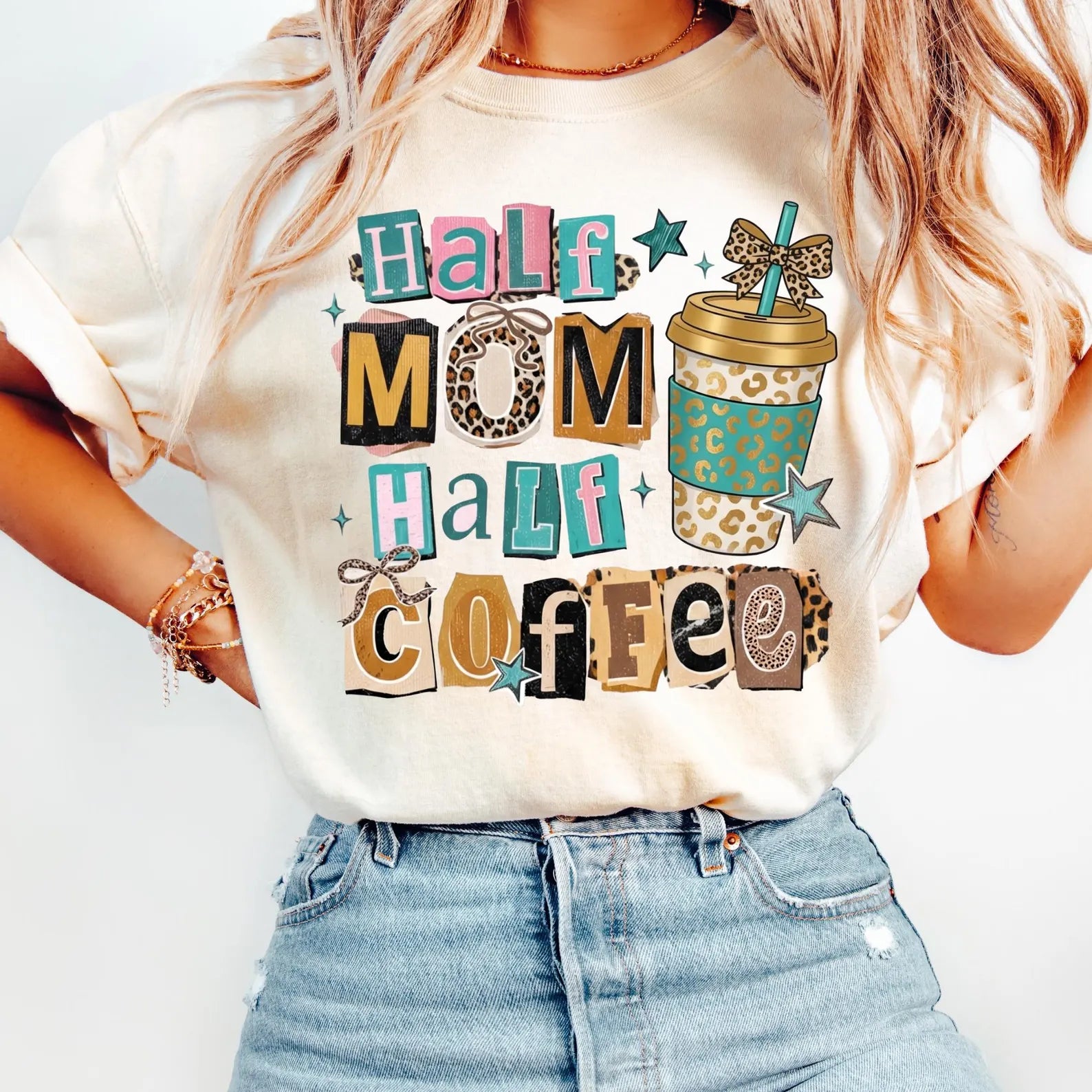 Half Mom Half Coffee Tee, Funny Graphic Design, Comfort Colors Outfit, Caffeine Lover Gift