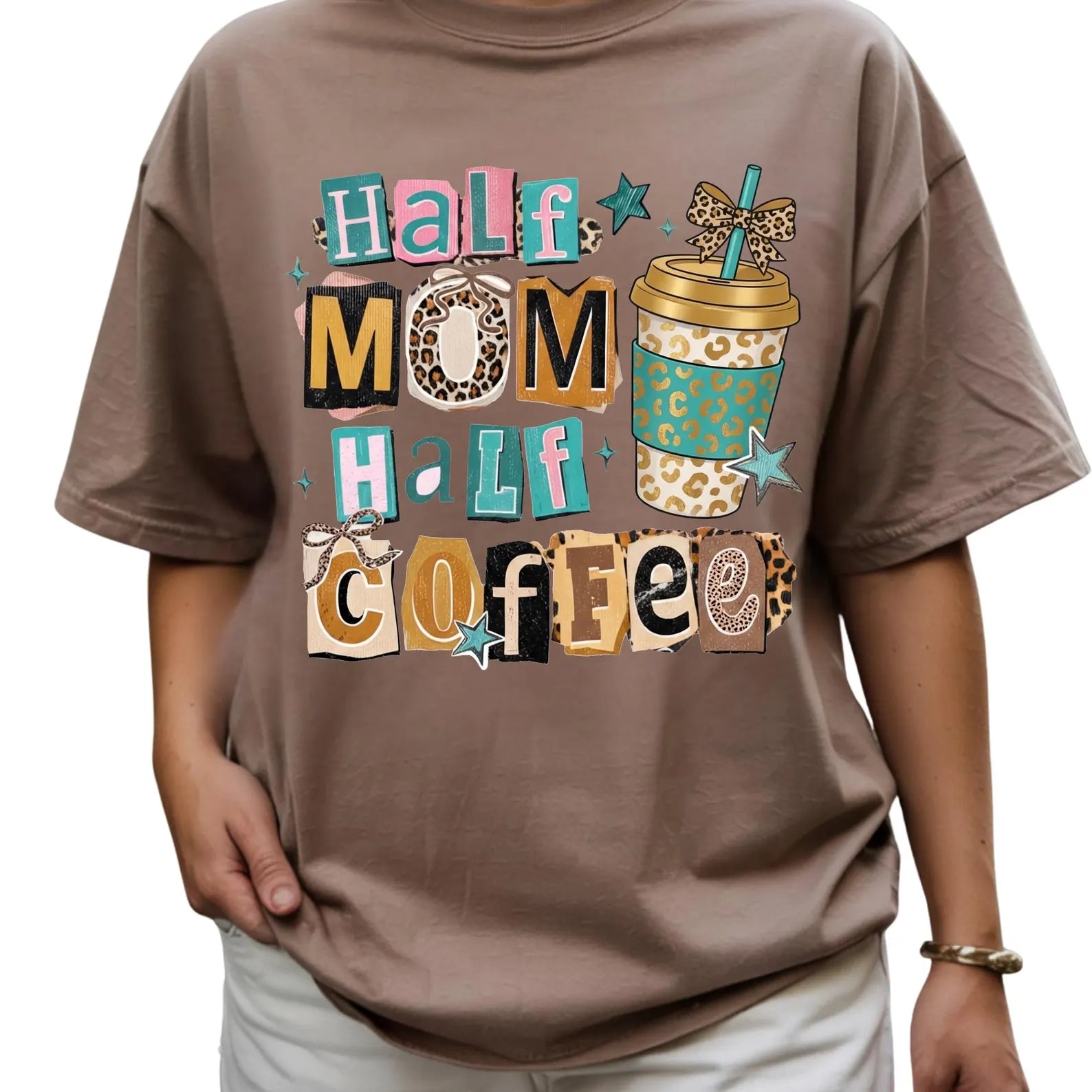 Half Mom Half Coffee Tee, Funny Graphic Design, Comfort Colors Outfit, Caffeine Lover Gift