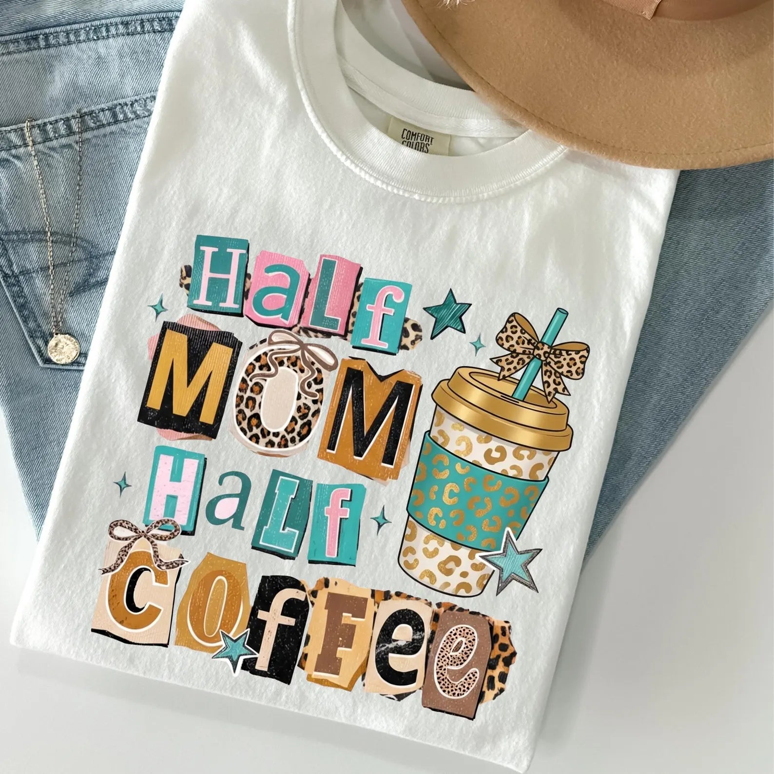 Half Mom Half Coffee Tee, Funny Graphic Design, Comfort Colors Outfit, Caffeine Lover Gift
