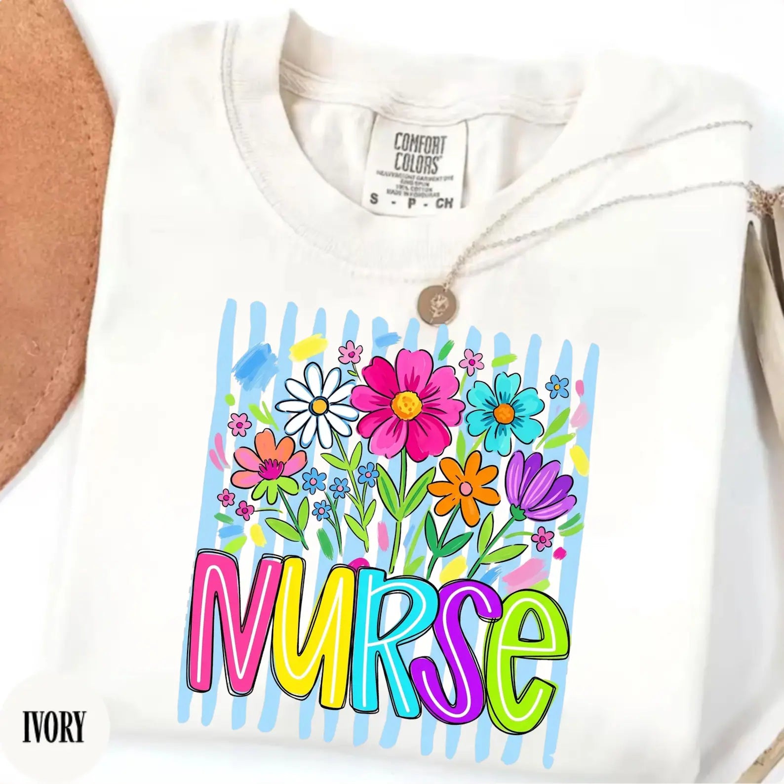 Comfort Colors Striped Wildflowers Nurse Shirt, Nurse Tee, Floral Nursing Shirt, Nurse Graduation, Registered Nurse Shirt, Gift for Nursing