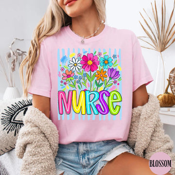 Comfort Colors Striped Wildflowers Nurse Shirt, Nurse Tee, Floral Nursing Shirt, Nurse Graduation, Registered Nurse Shirt, Gift for Nursing