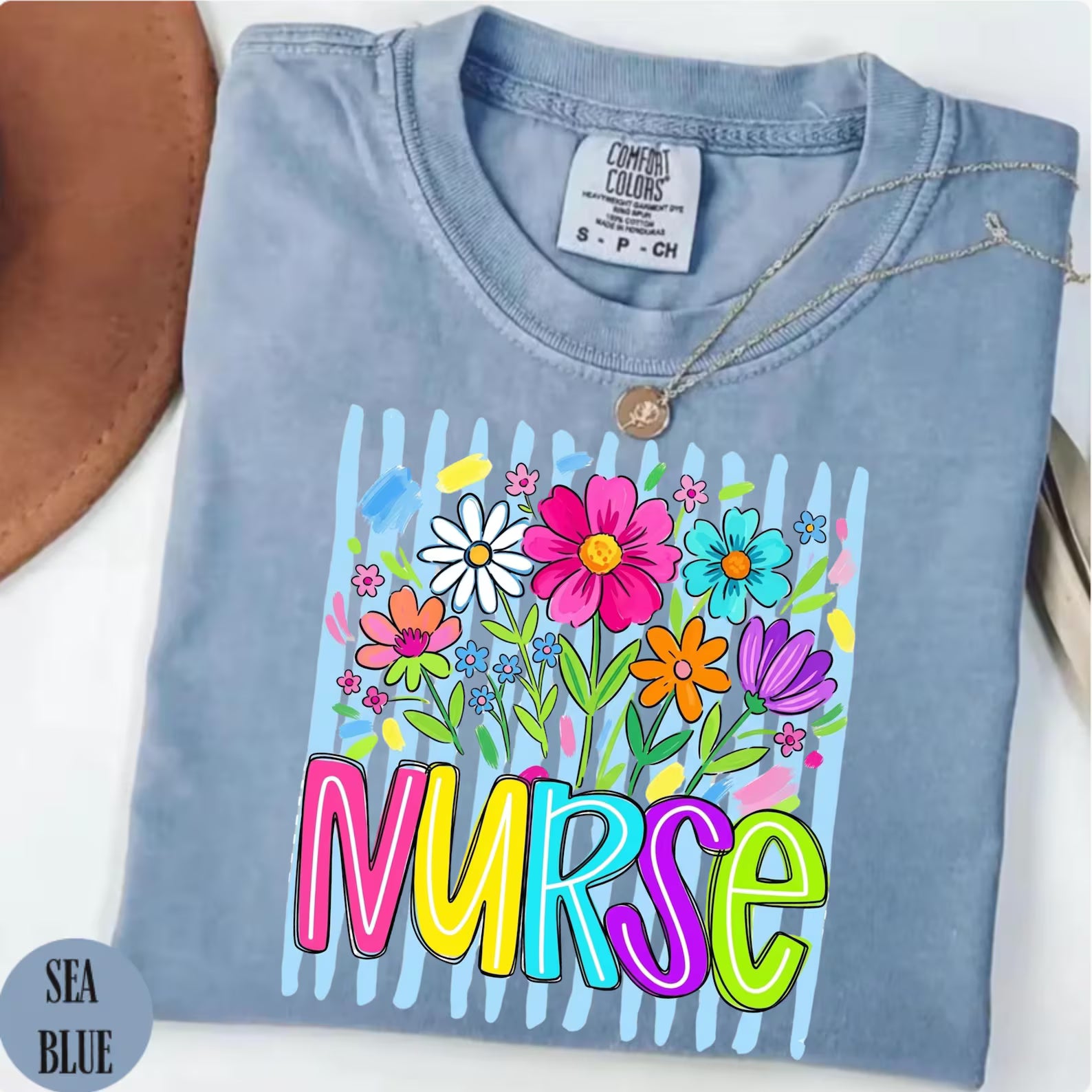 Comfort Colors Striped Wildflowers Nurse Shirt, Nurse Tee, Floral Nursing Shirt, Nurse Graduation, Registered Nurse Shirt, Gift for Nursing
