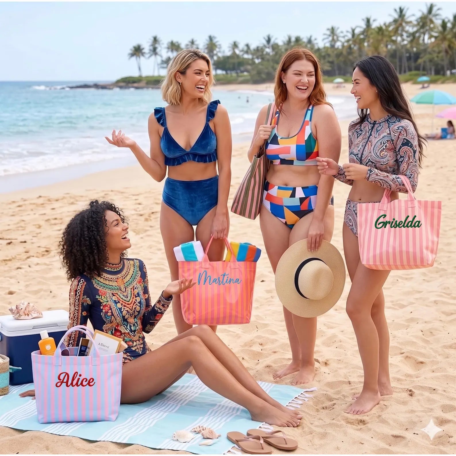 Personalized Striped Beach Tote Bag Custom Name Waterproof Travel Bag Bridesmaid Gift Bachelorette Party Wedding Tote Summer Pool Bag