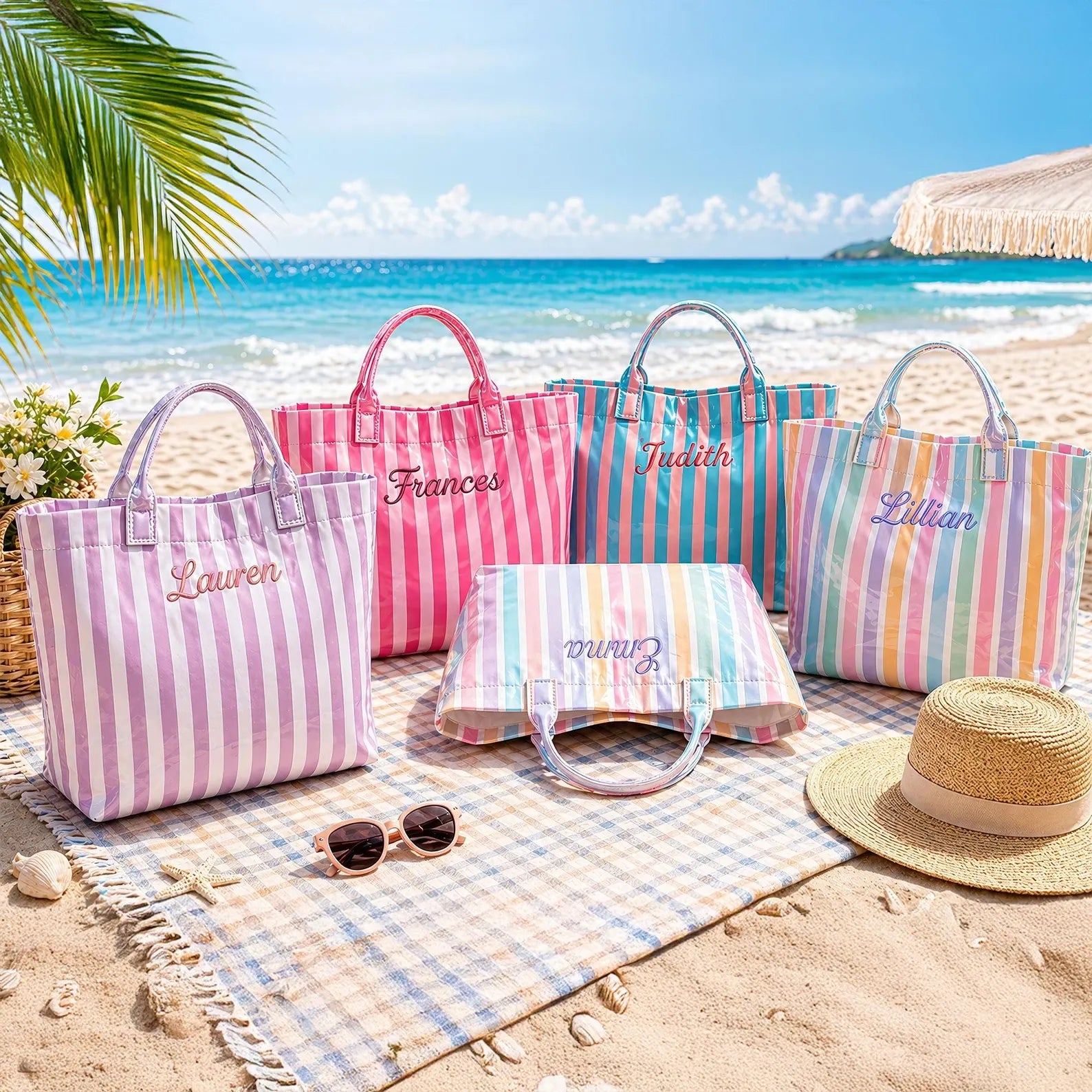 Personalized Striped Beach Tote Bag Custom Name Waterproof Travel Bag Bridesmaid Gift Bachelorette Party Wedding Tote Summer Pool Bag