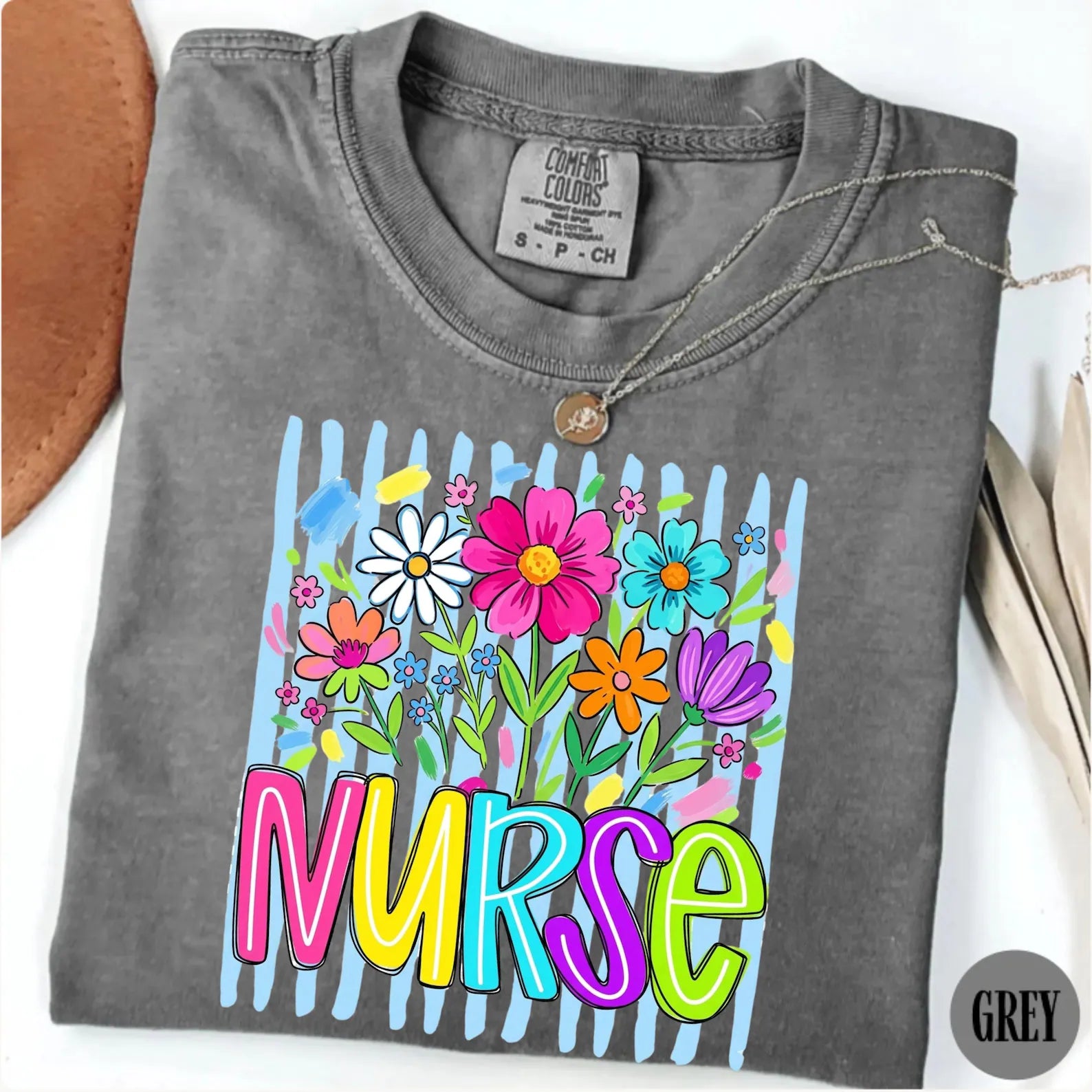 Comfort Colors Striped Wildflowers Nurse Shirt, Nurse Tee, Floral Nursing Shirt, Nurse Graduation, Registered Nurse Shirt, Gift for Nursing