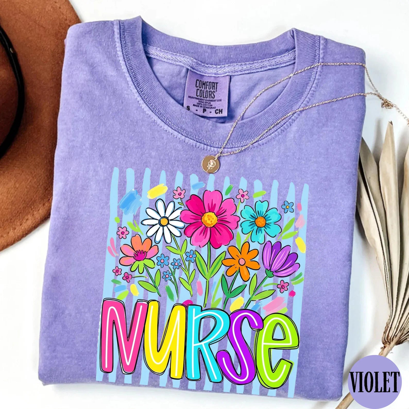Comfort Colors Striped Wildflowers Nurse Shirt, Nurse Tee, Floral Nursing Shirt, Nurse Graduation, Registered Nurse Shirt, Gift for Nursing