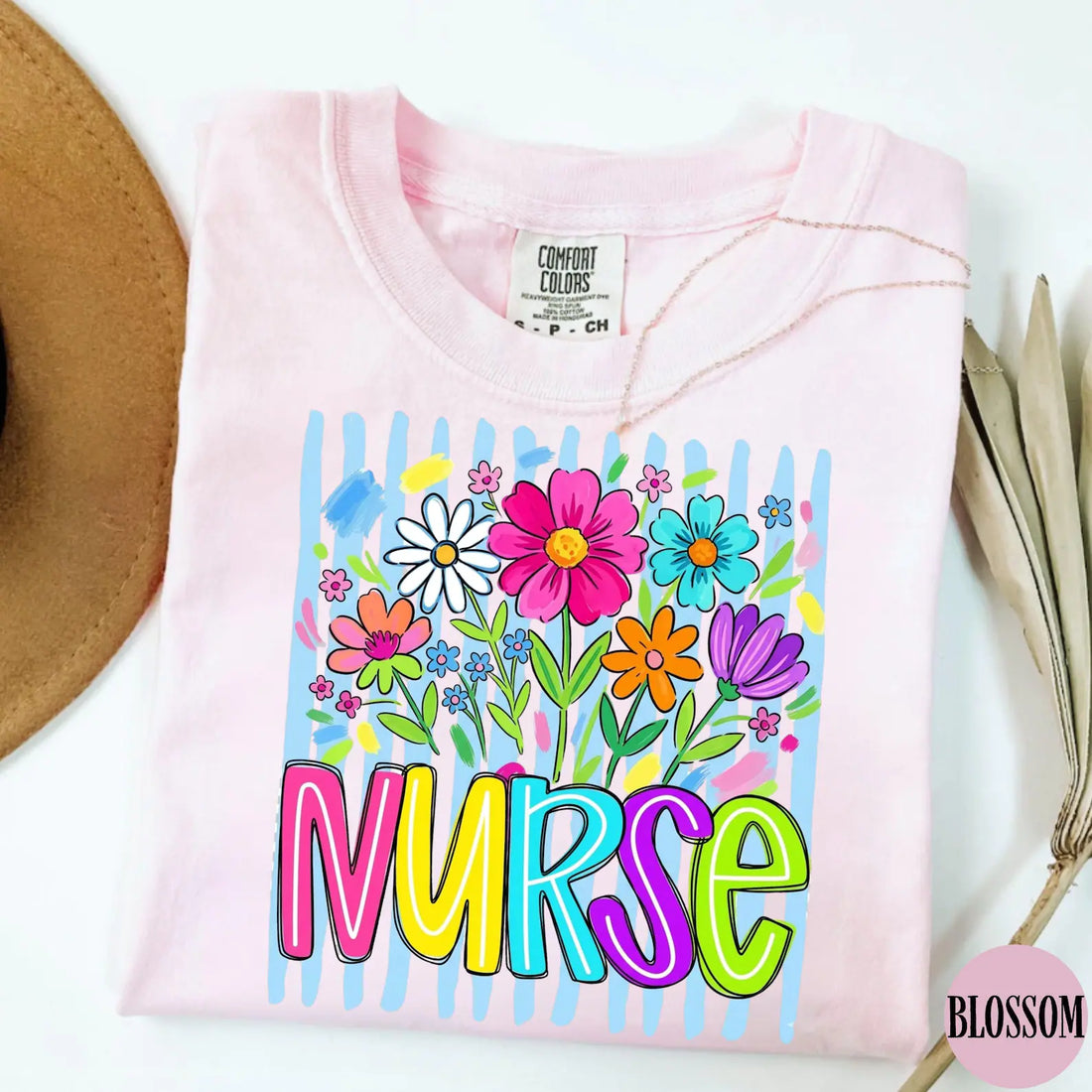 Comfort Colors Striped Wildflowers Nurse Shirt, Nurse Tee, Floral Nursing Shirt, Nurse Graduation, Registered Nurse Shirt, Gift for Nursing