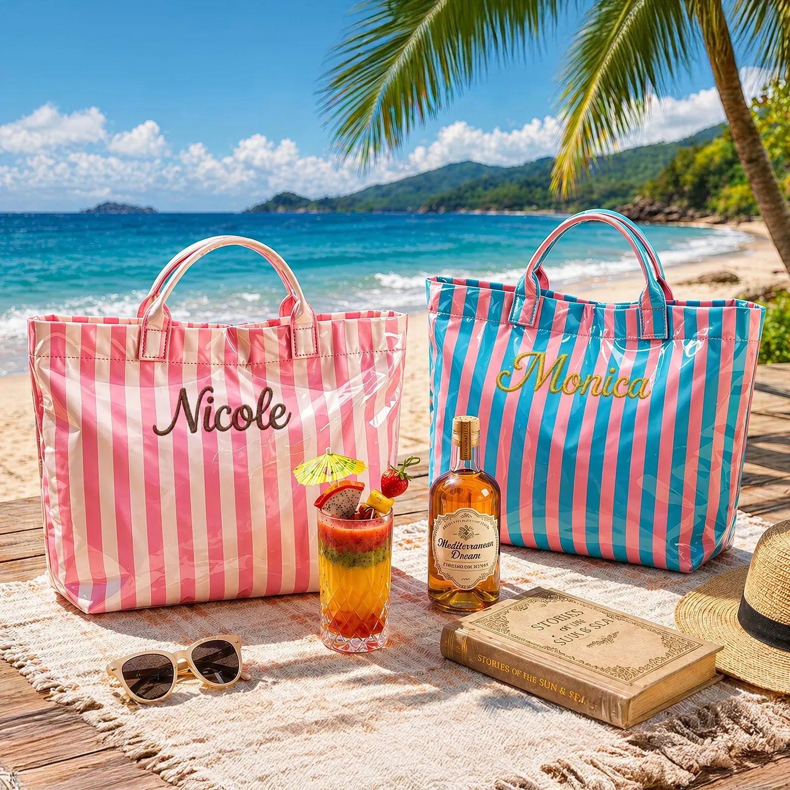 Personalized Striped Beach Tote Bag Custom Name Waterproof Travel Bag Bridesmaid Gift Bachelorette Party Wedding Tote Summer Pool Bag