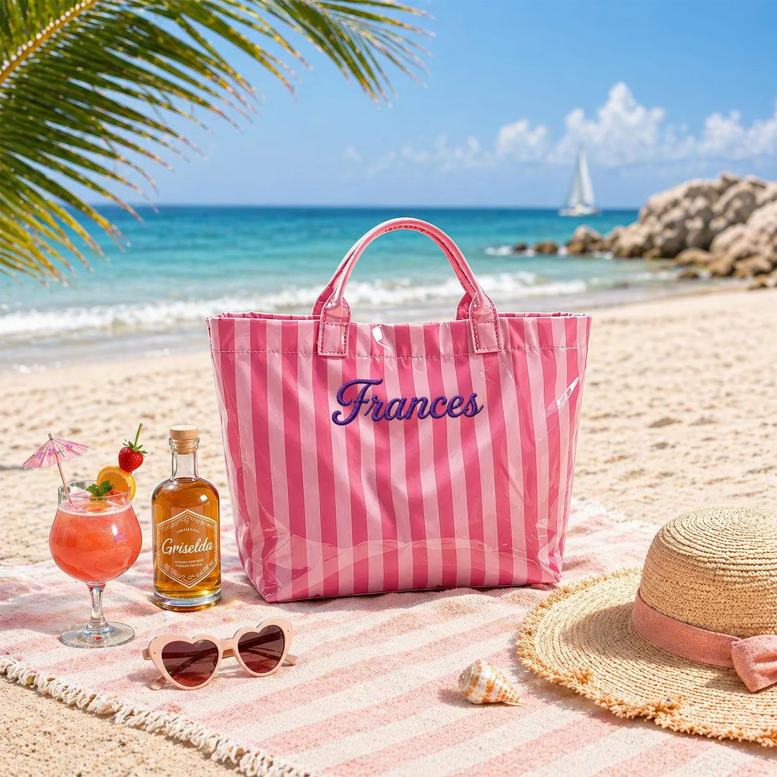Personalized Striped Beach Tote Bag Custom Name Waterproof Travel Bag Bridesmaid Gift Bachelorette Party Wedding Tote Summer Pool Bag